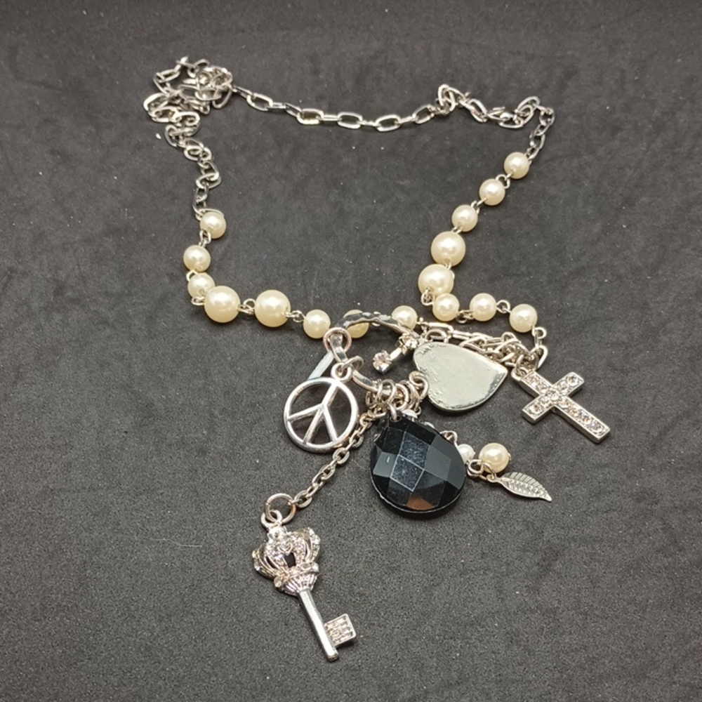 Silver Tone and Faux Pearl Charm Necklace